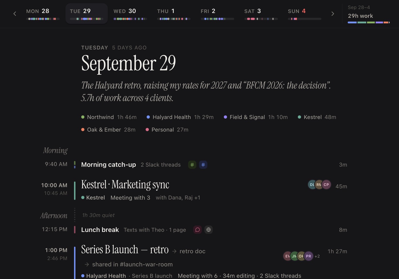 Tuesday, September 29 in Spool: a one-line summary of the day, time per client, then each episode in order, from the morning catch-up to the Series B launch retro.
