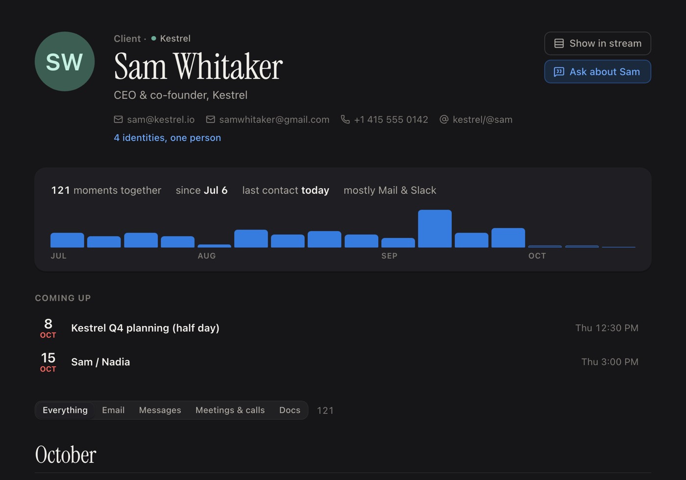 Sam Whitaker’s page in Spool: 121 moments together since July 6, upcoming meetings, and the latest email in October.