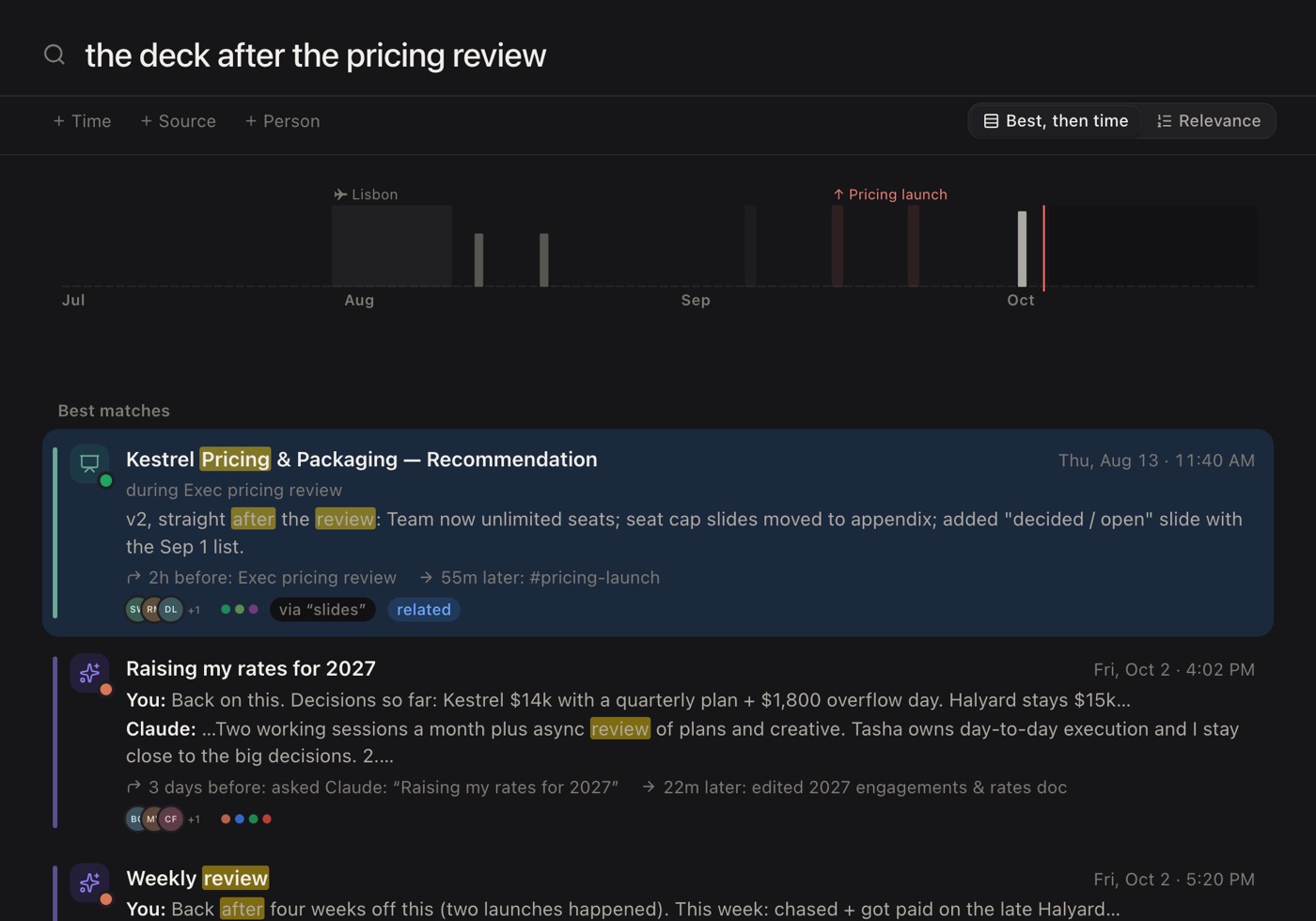 Spool search for “the deck after the pricing review”: the deck as the best match, with the pricing review two hours before and the launch channel 55 minutes later.